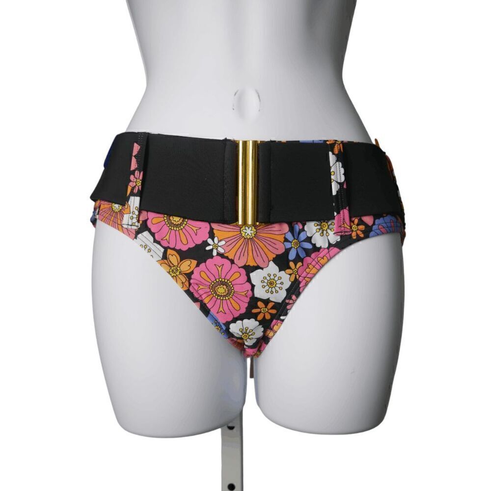 Unique Vintage Black and Purple Floral Belted Swim Bikini Bottom 3X